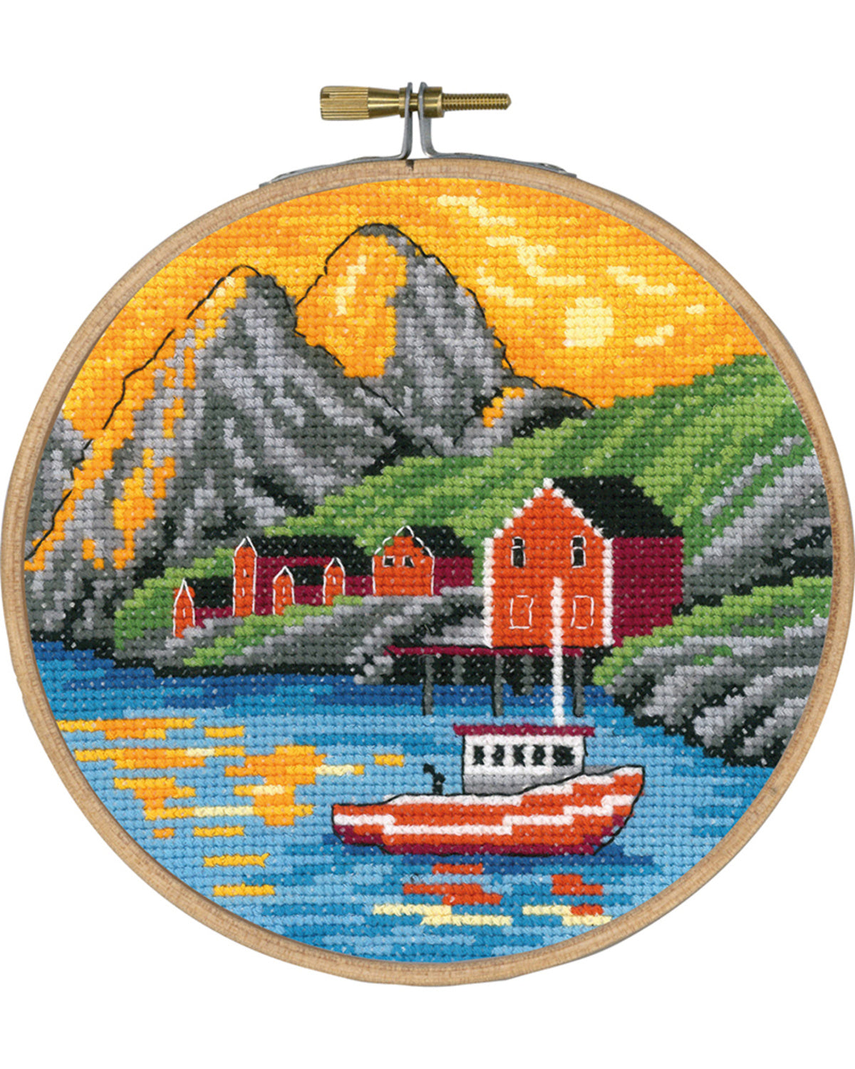 Midnatssol Lofoten – Broderikit inkl. ramme (Ø 15 cm)