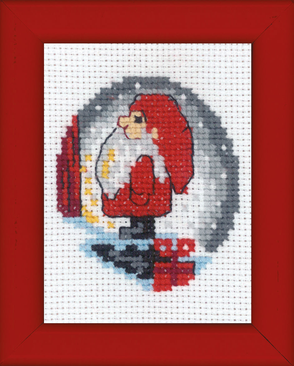 Julekort Nisse på trappe – Broderikit (9 x 13 cm)