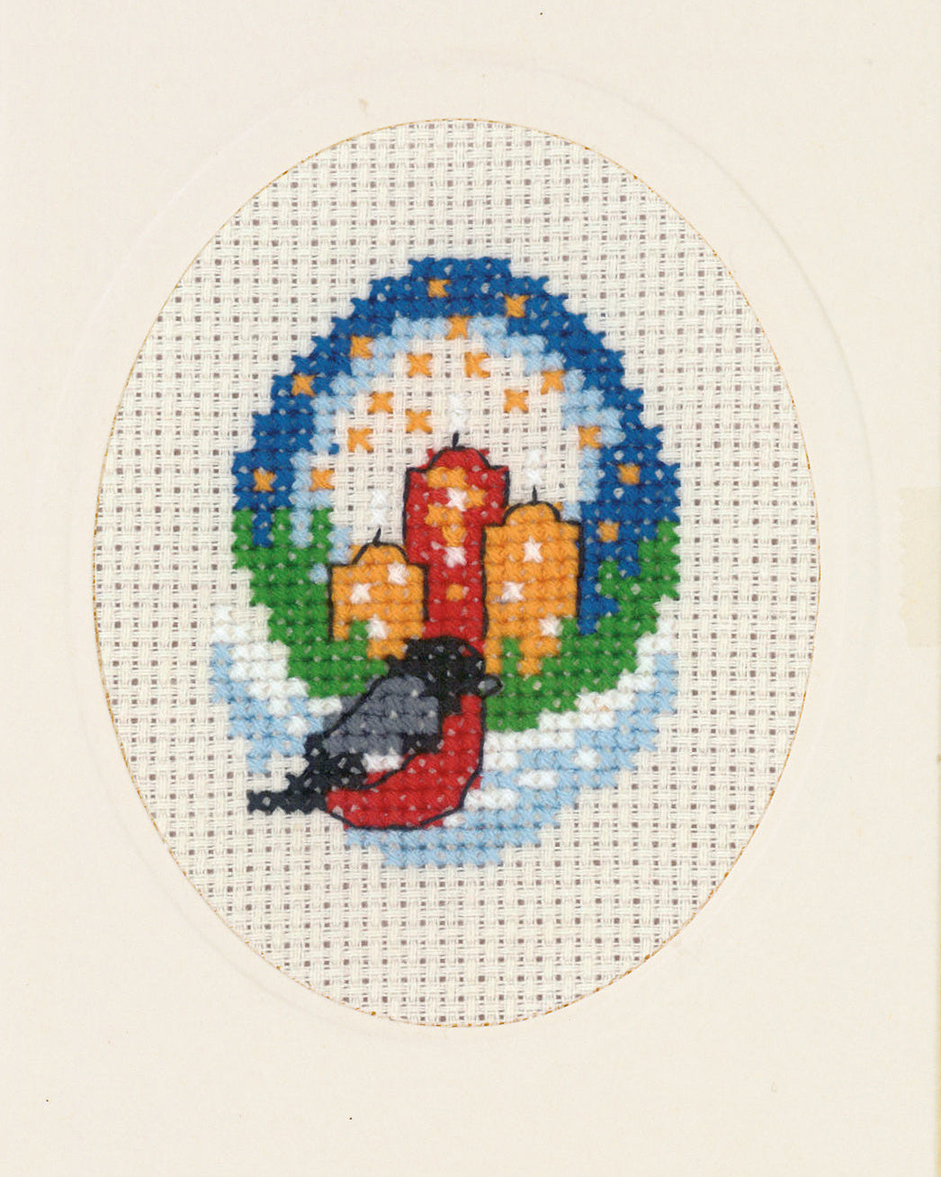 Julekort Lys & Dompap – Broderikit (9 x 13 cm)