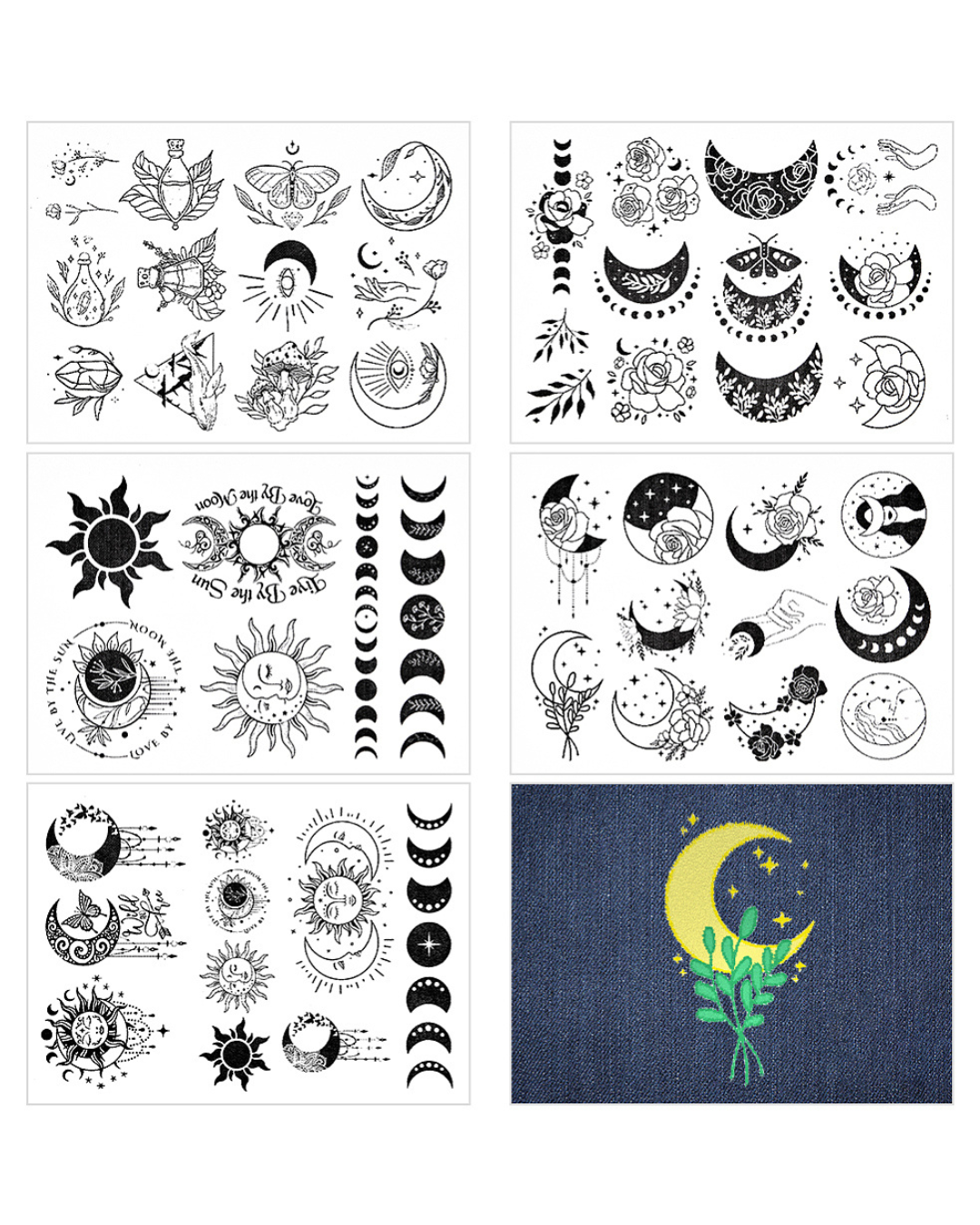 Vandopløselige Broderimønstre – Sol og Måne Motiver (5 ark, A4)