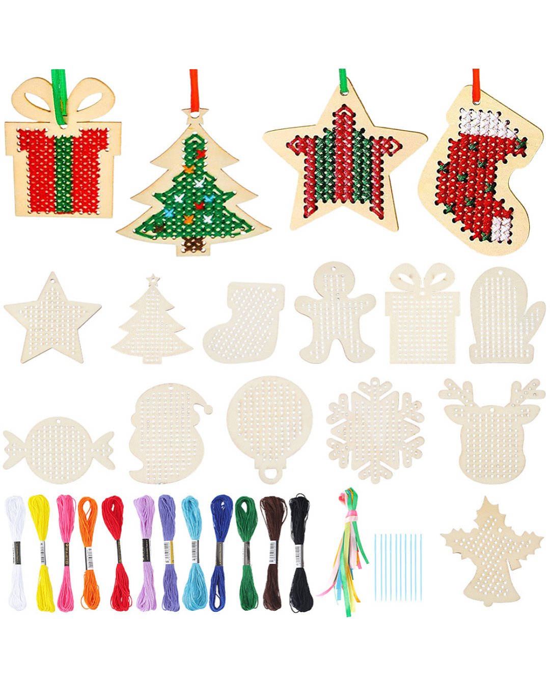 12 Juletema Træfigurer & 12 Farver Broderigarn – Broderikit