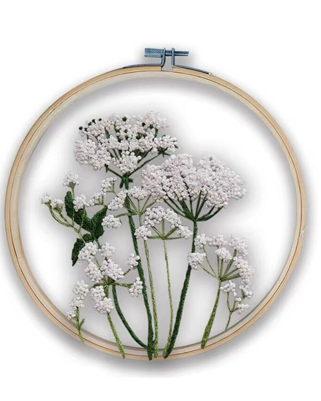 Hvid Blomst – Broderikit på Transparent Stof med Ramme (Ø18 cm)