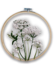 Hvid Blomst – Broderikit på Transparent Stof med Ramme (Ø18 cm)