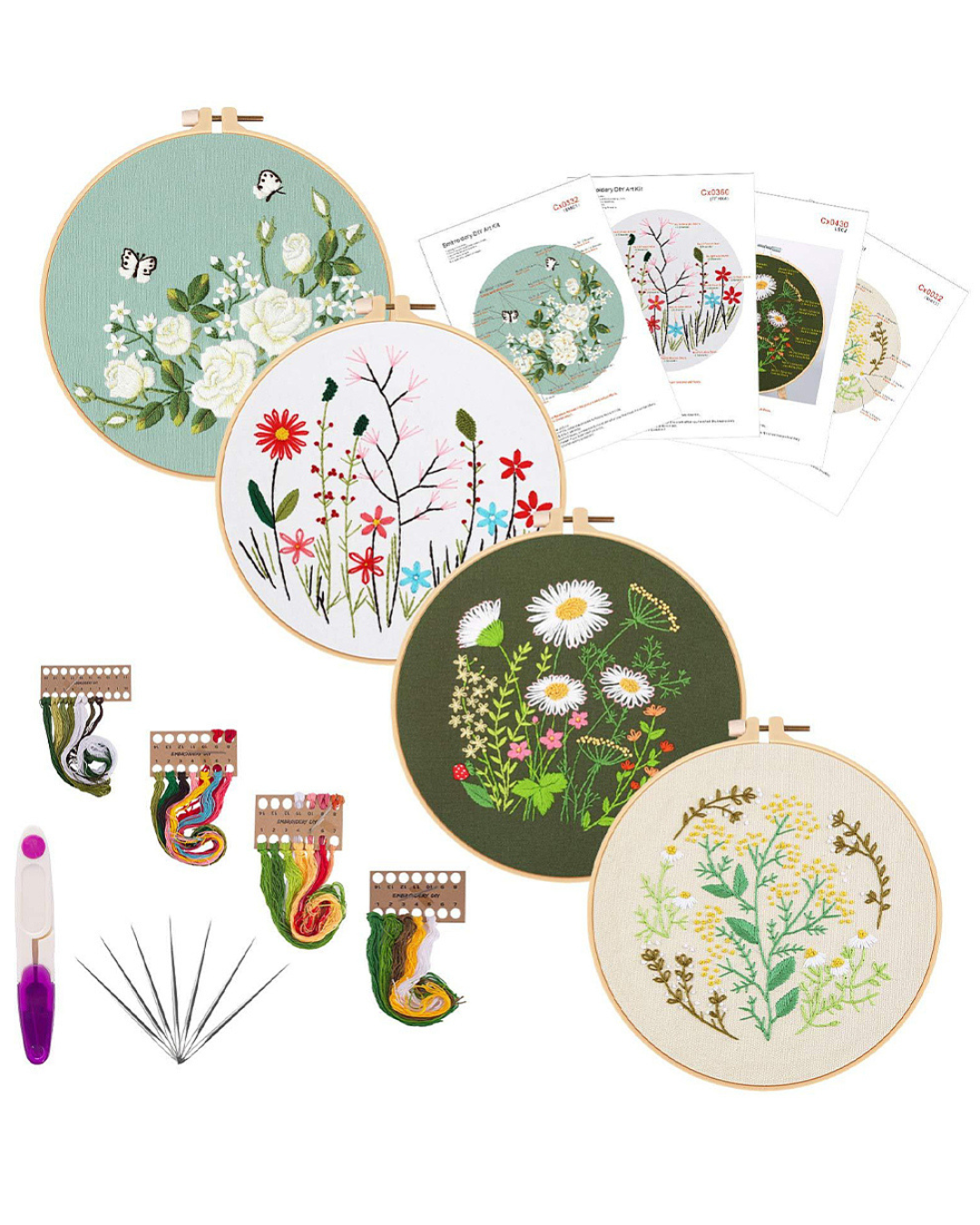 Sæt med 4 Blomster Broderiprojekter (Ø21 cm)