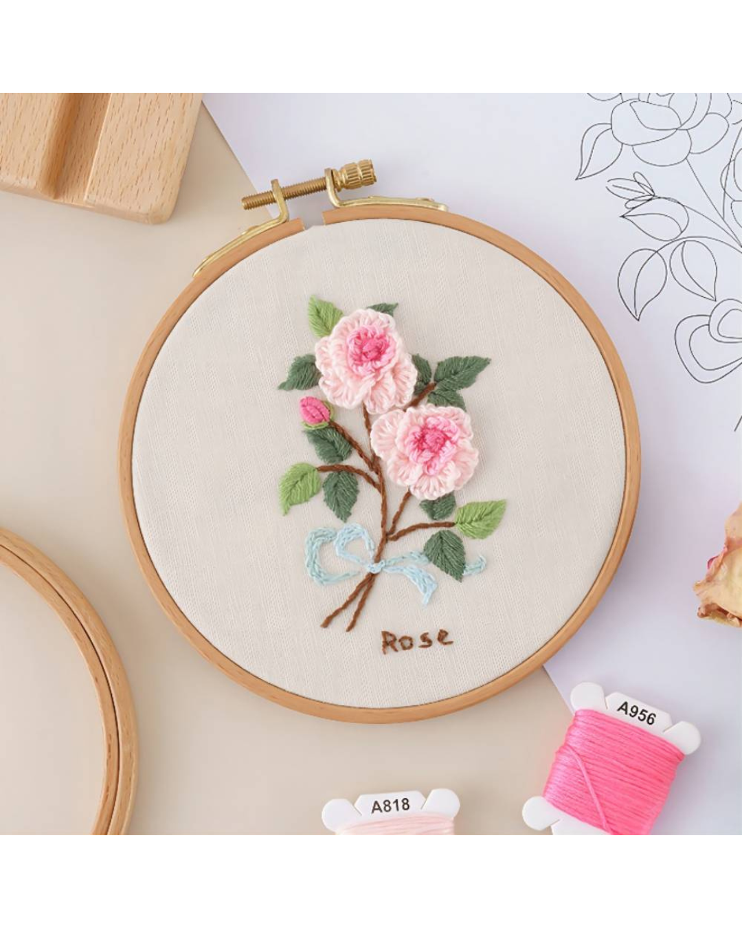 Pink Rose Motiv - Broderikit (2 stk. stof)