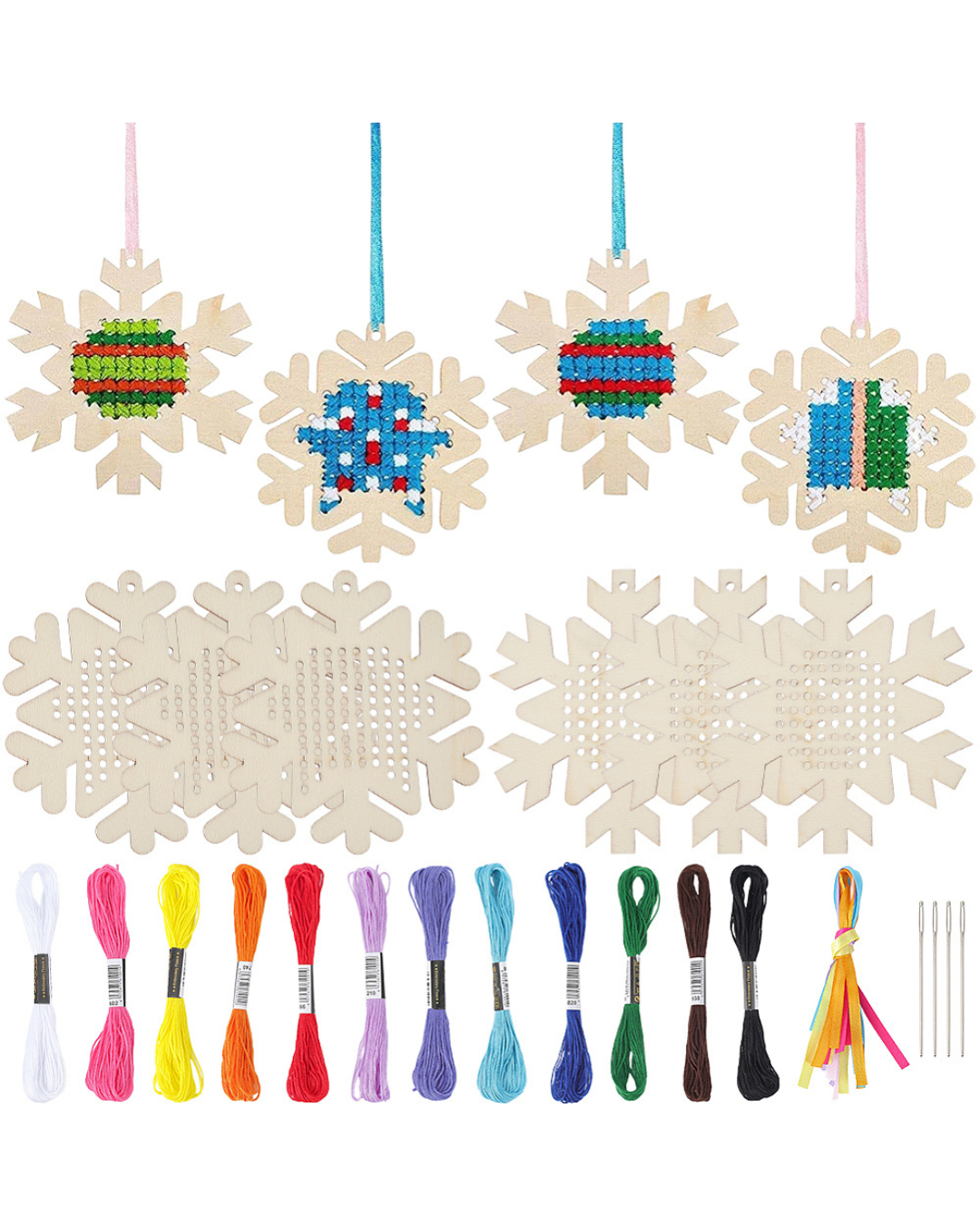 10 Træ Snefnug & 12 Farver Broderigarn – Broderikit
