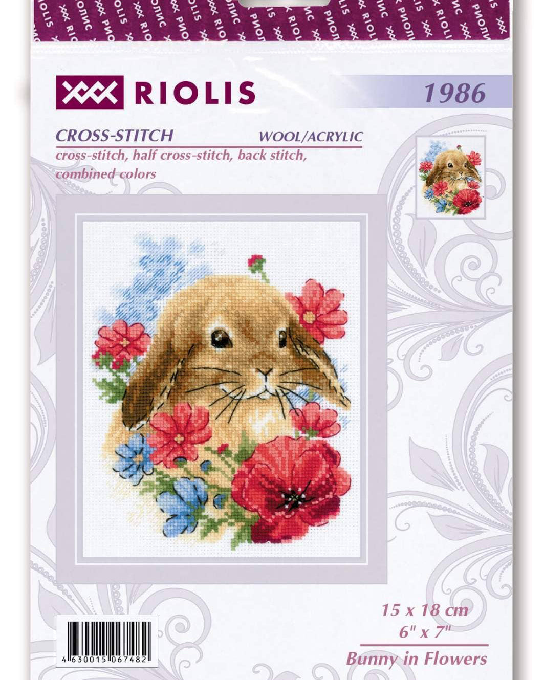 Kanin i blomster – RIOLIS Broderikit (15 x 18 cm)