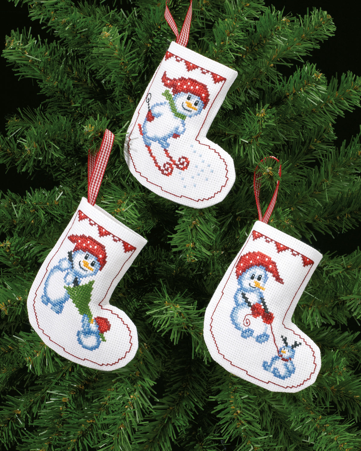 Små Julesokker med Snemænd – Broderikit (11x12 cm) 3 stk