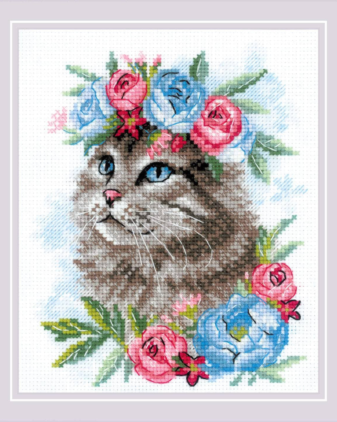 Kat i Blomster – RIOLIS Broderikit (15 x 18 cm)