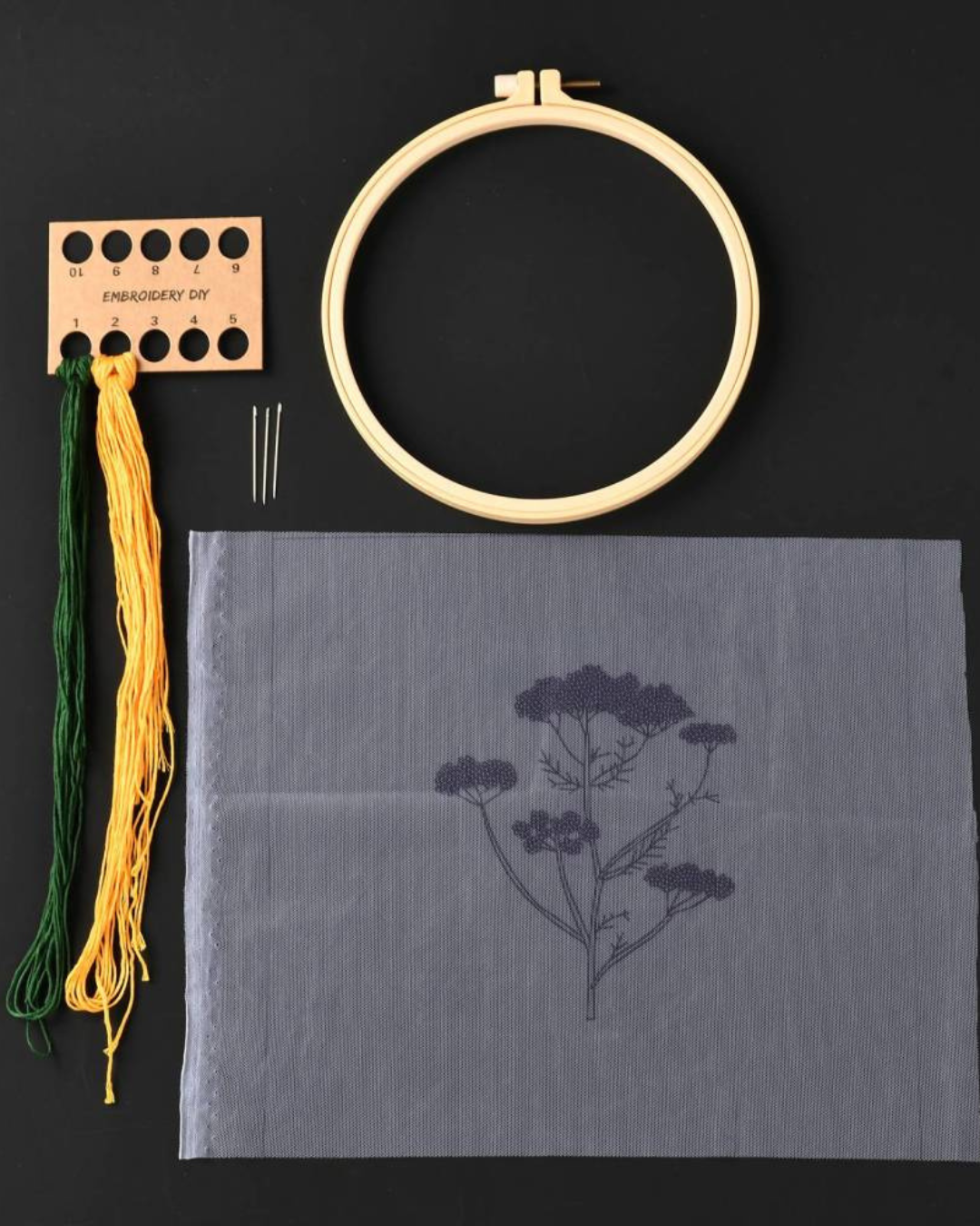 Blomster - Broderikit på Transparent Stof med Ramme (Ø18 cm)
