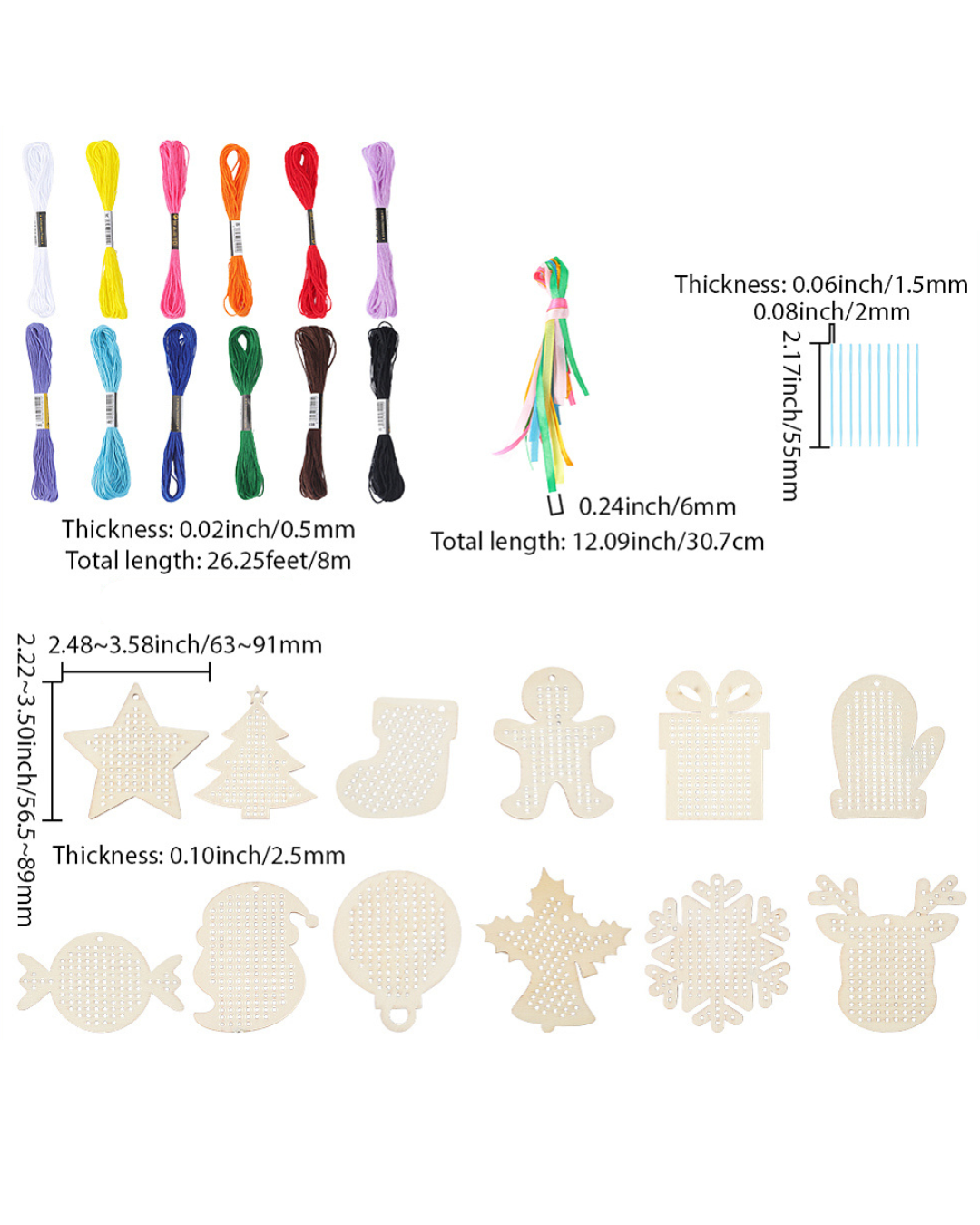 12 Juletema Træfigurer & 12 Farver Broderigarn – Broderikit