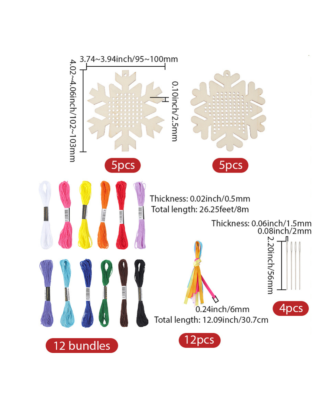 10 Træ Snefnug & 12 Farver Broderigarn – Broderikit
