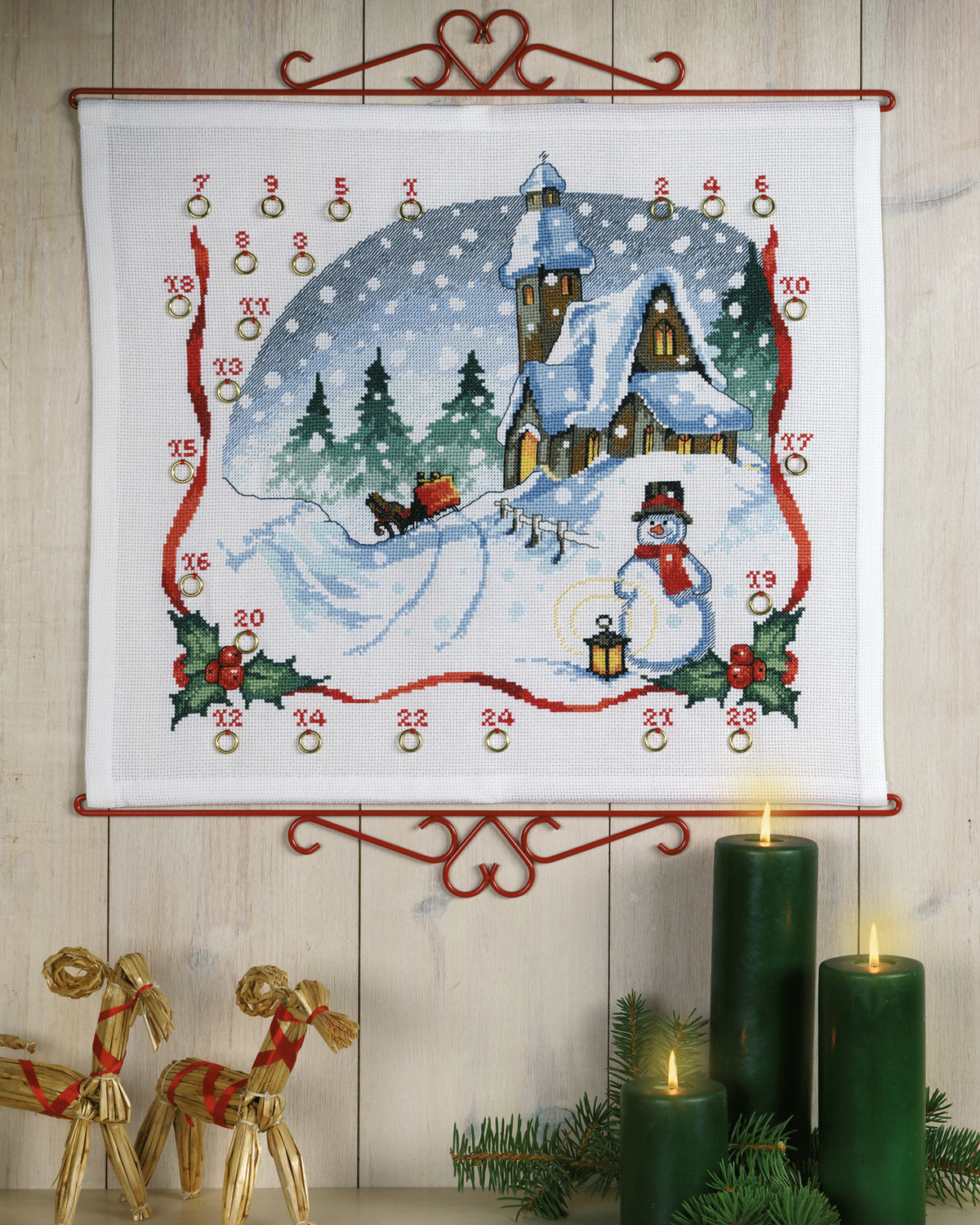 Julekalender Kirke i Vinterlandskab - Broderikit (55×48 cm)