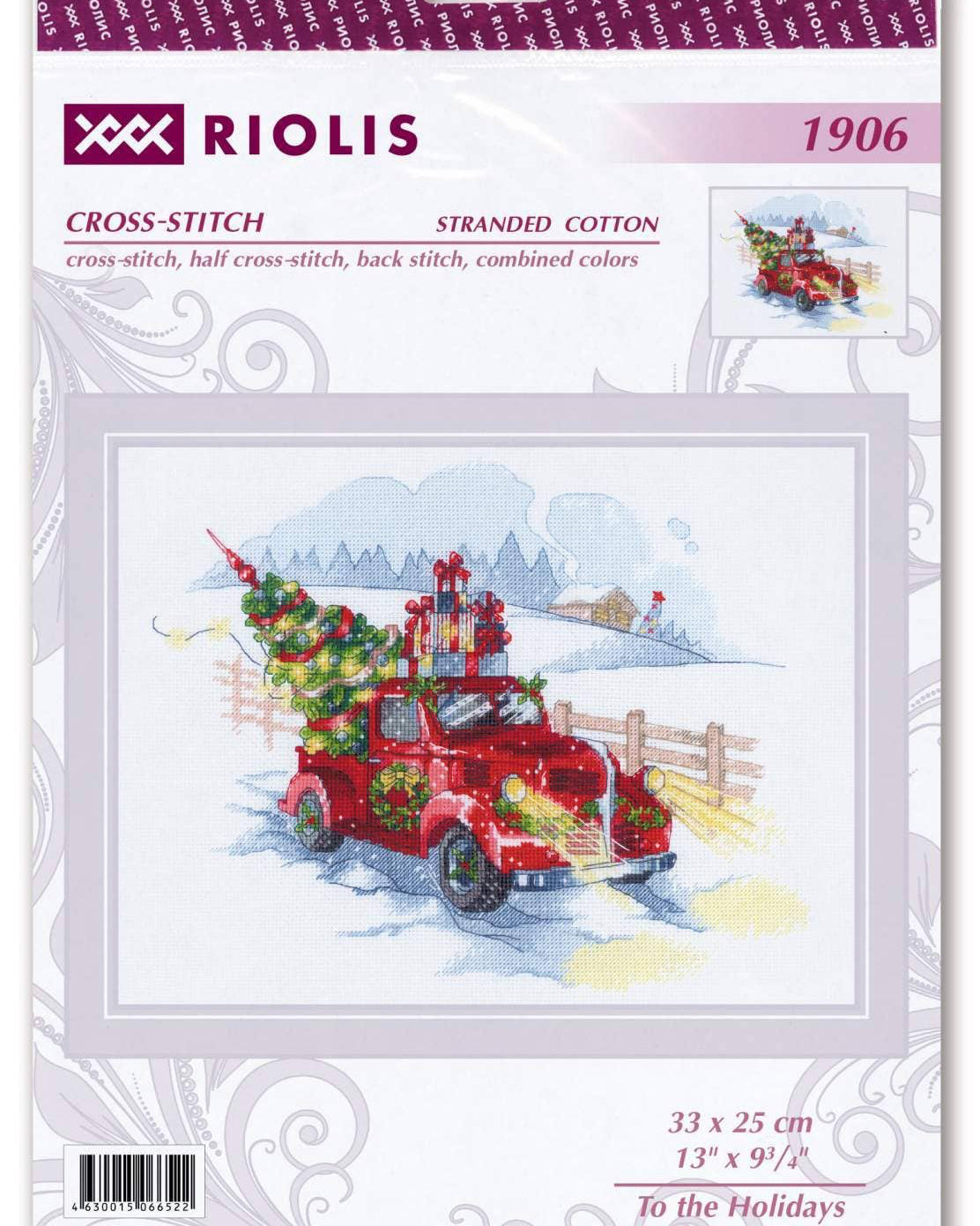 Julebil med Gaver og Træ - RIOLIS Broderikit (33 x 25 cm)