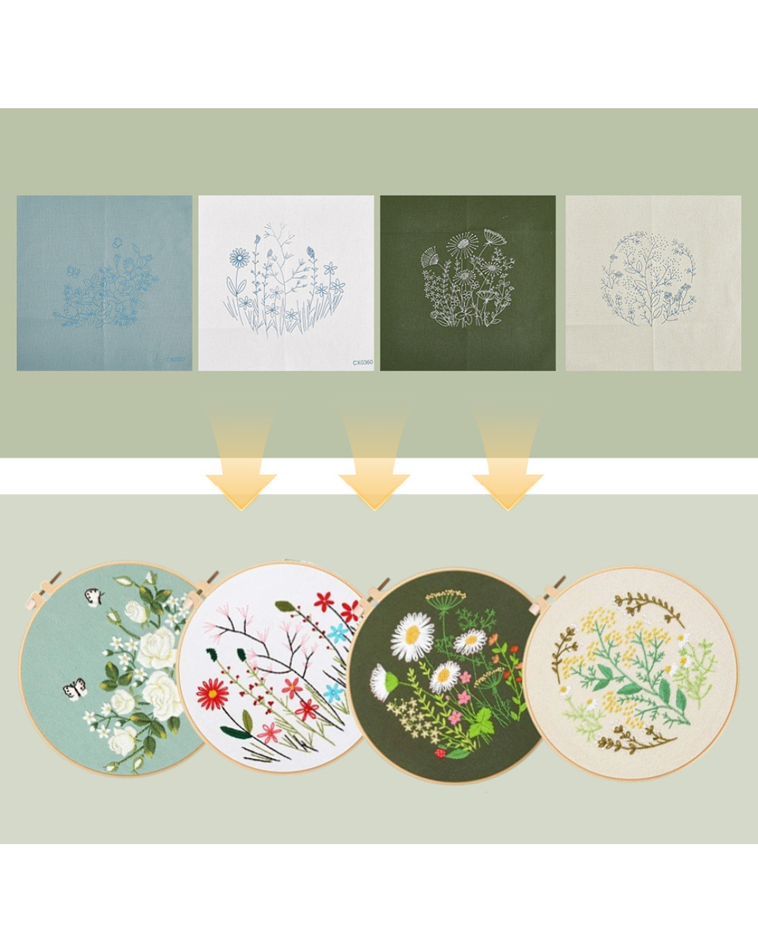 Sæt med 4 Blomster Broderiprojekter (Ø21 cm)