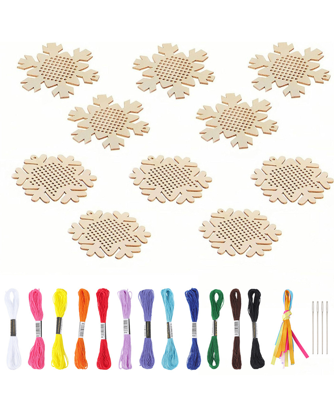 10 Træ Snefnug & 12 Farver Broderigarn – Broderikit