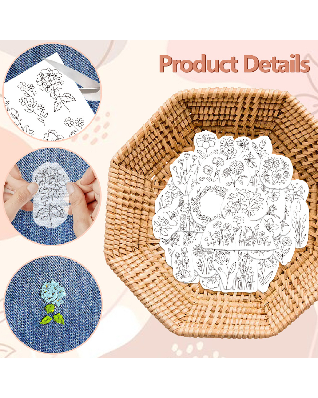Vandopløselige Broderimønstre – Blomster (4 ark)