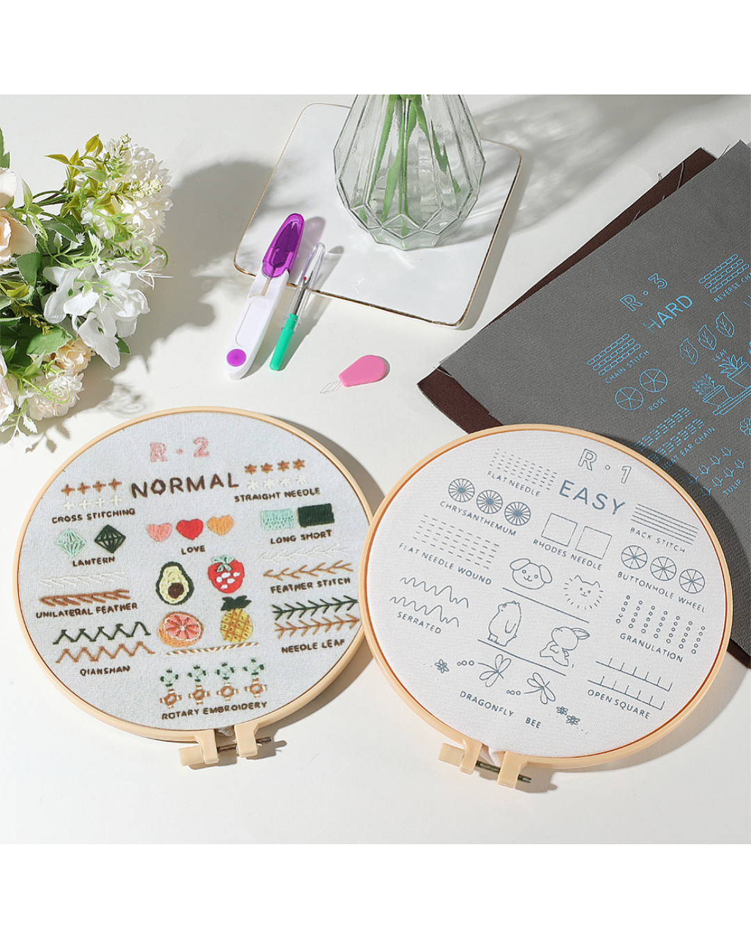 Broderisæt til Begyndere – Mønstrede Motiver med Broderiramme