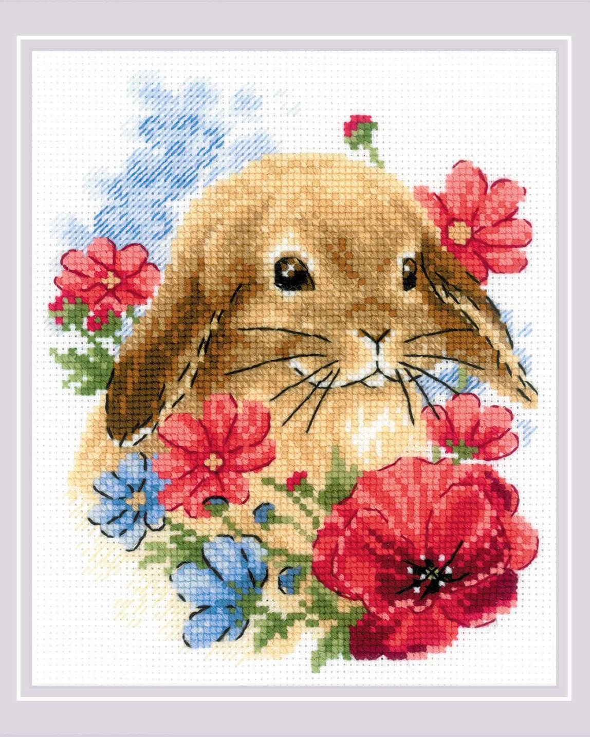 Kanin i blomster – RIOLIS Broderikit (15 x 18 cm)
