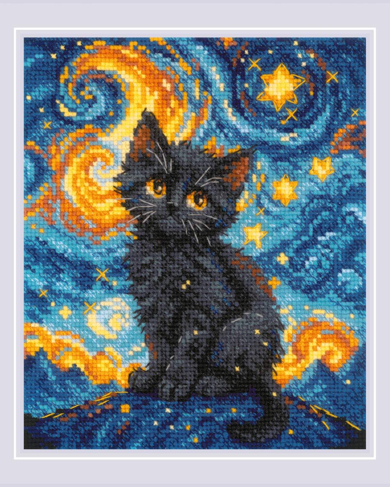 Sort Kat i Stjernenatten - RIOLIS Broderikit (15 x 18 cm)