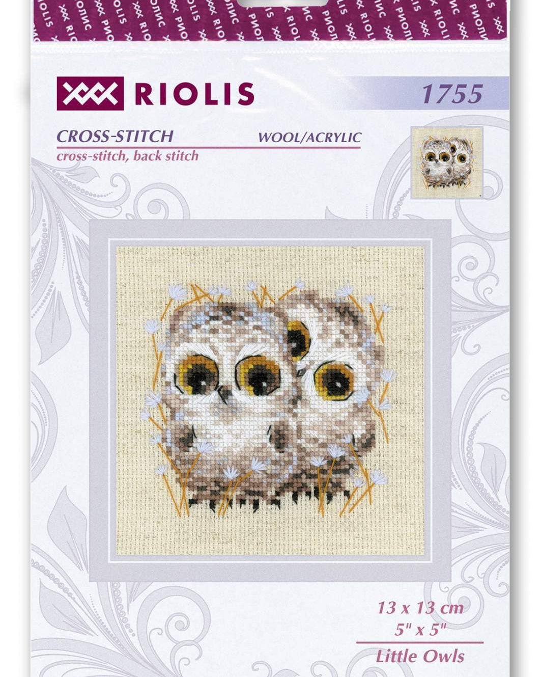 Små ugler – RIOLIS Broderikit (13 x 13 cm)