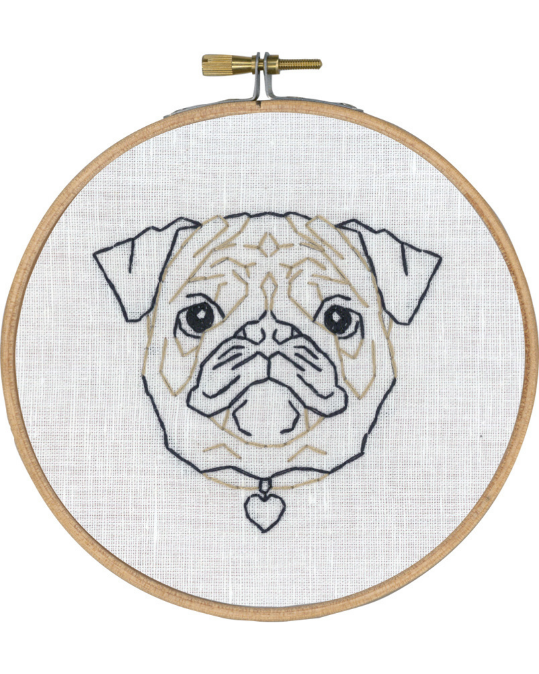 Mops i streg – Broderikit (Ø 13 cm)