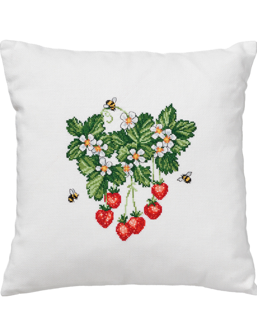 Sommerlige Jordbær & Bier Pyntepude - Broderikit (39×39 cm)