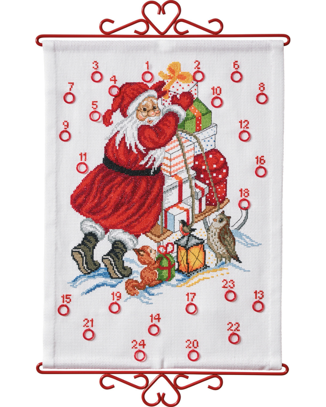 Julekalender Julemand med Gaver - Broderikit (32×44 cm)