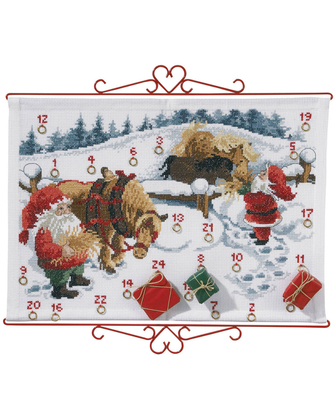 Julekalender Nisser og heste i sneen - Broderikit (60×44 cm)