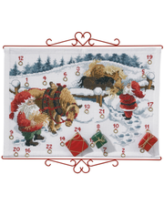 Julekalender Nisser og heste i sneen - Broderikit (60×44 cm)