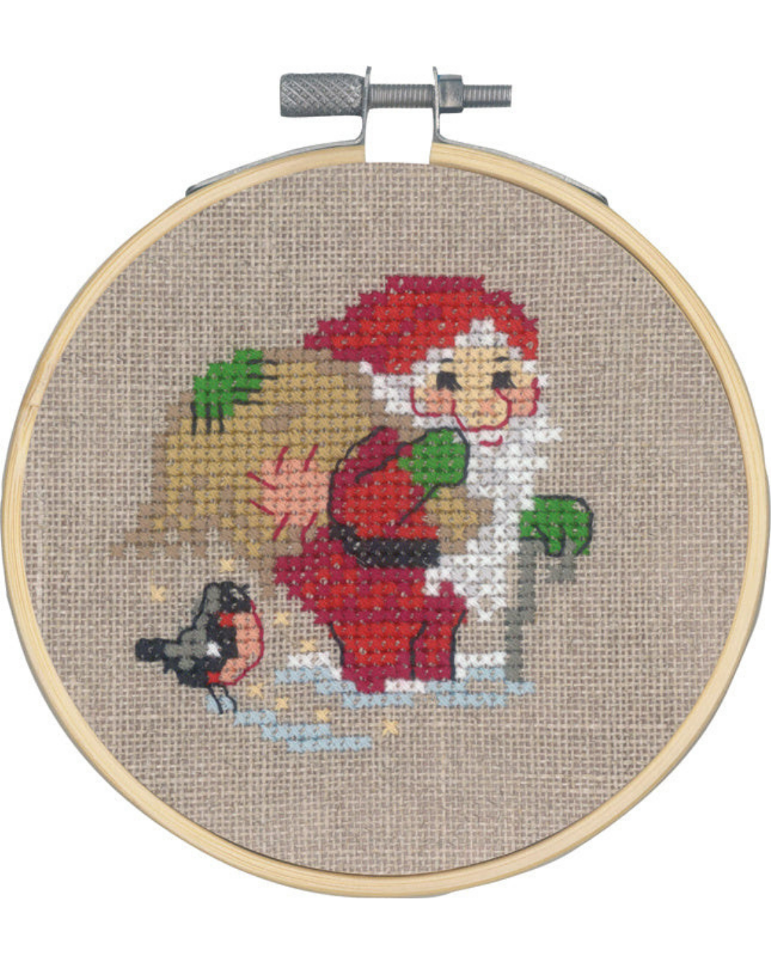 Nisse med Gavesæk – Broderikit (7x7 cm) inkl. ramme