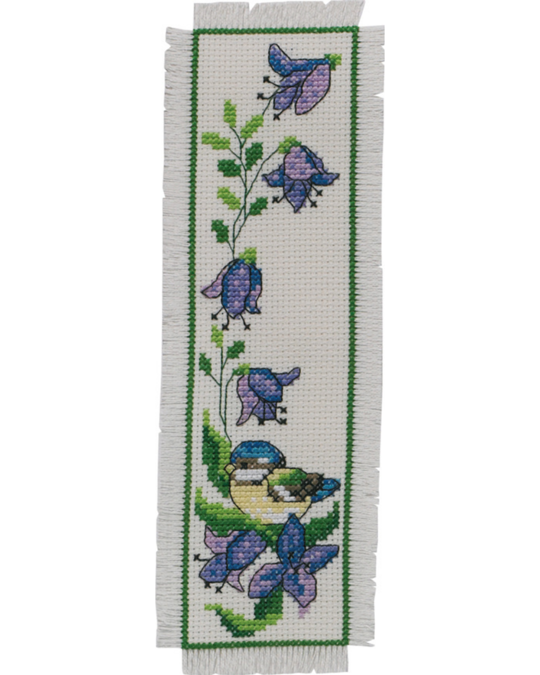Bogmærke "Mejse i Klokkeblomst" – Broderikit (7x22 cm)