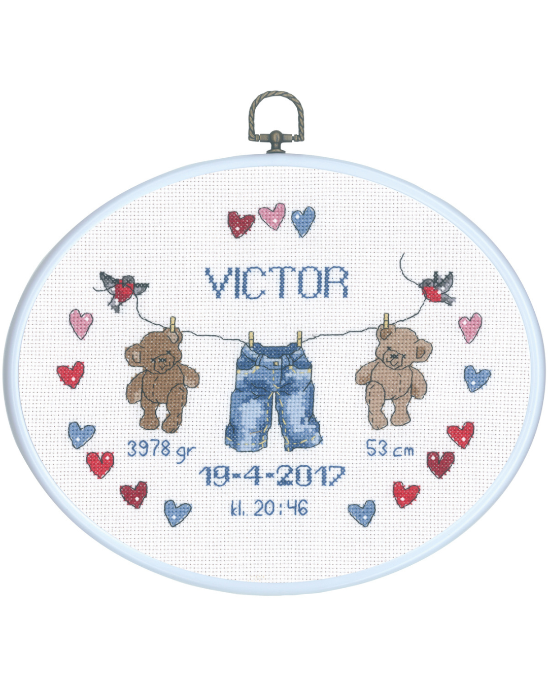 Fødselsbillede med Tørresnor – Broderikit (20 x 26 cm) inkl. ramme