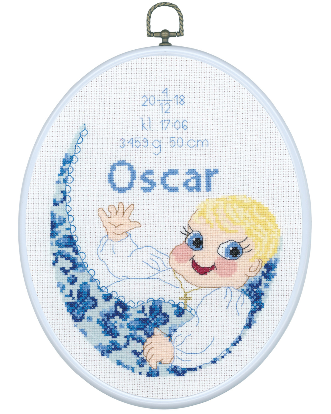 Fødselsbillede med Dreng – Broderikit (20 x 26 cm) inkl. ramme