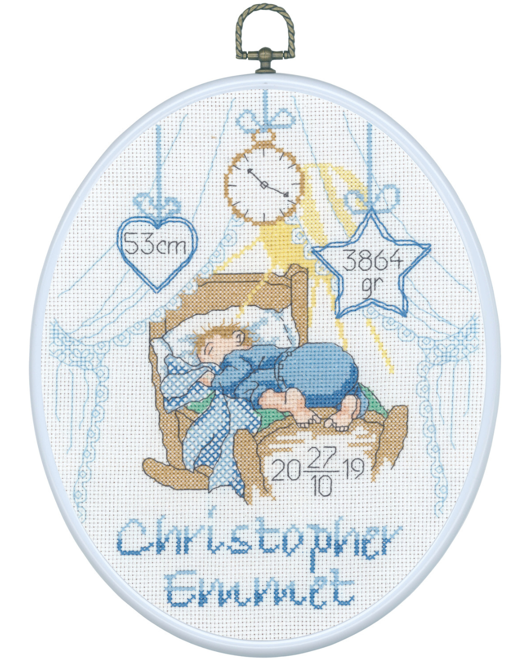 Fødselsbillede med Sovende Dreng – Broderikit (20 x 26 cm) inkl. ramme