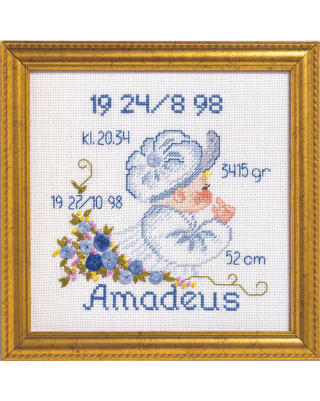 Fødselsbillede med dreng – Broderikit (19 x 19 cm)