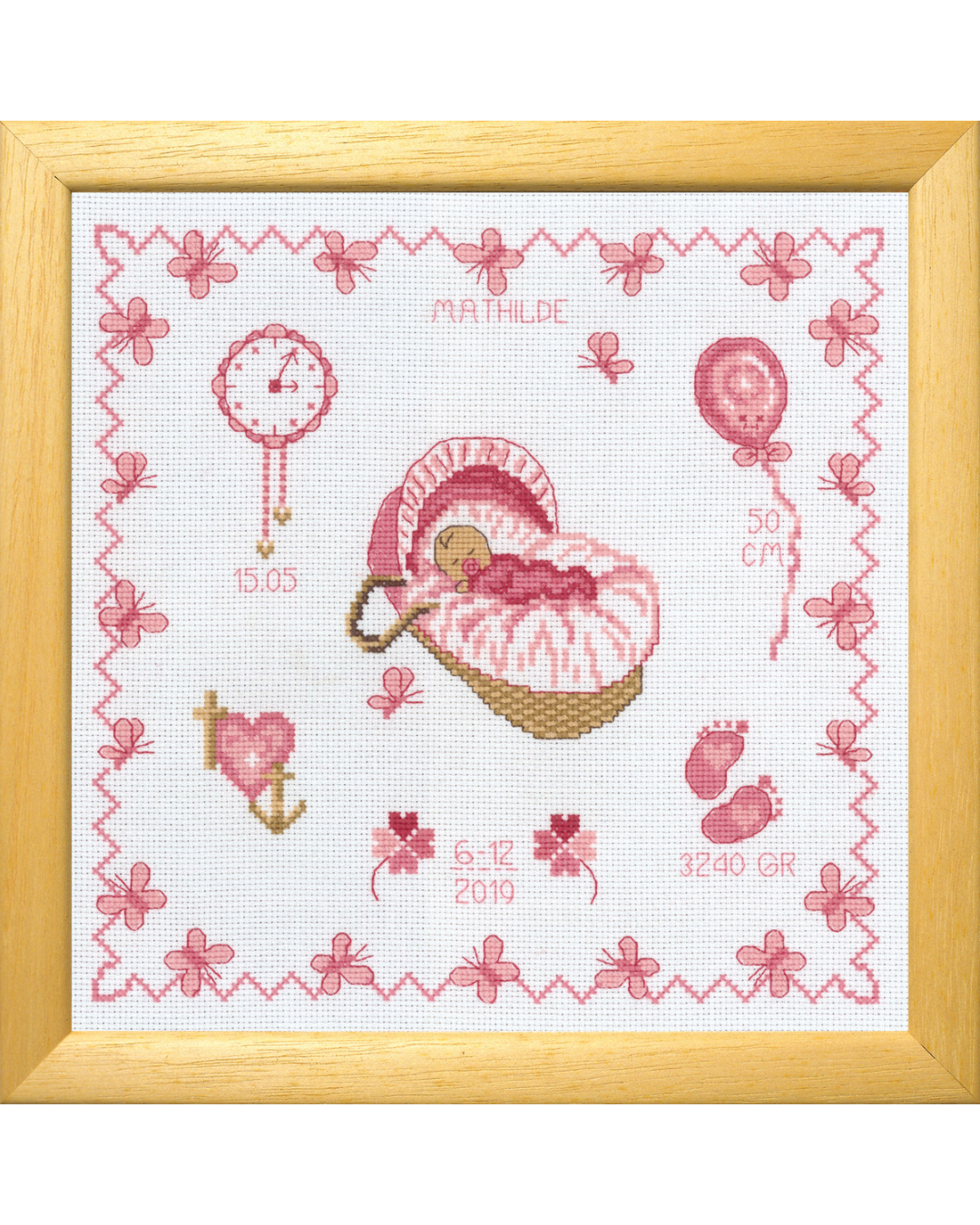 Fødselsbillede sovende pige – Broderikit (22 x 22 cm)