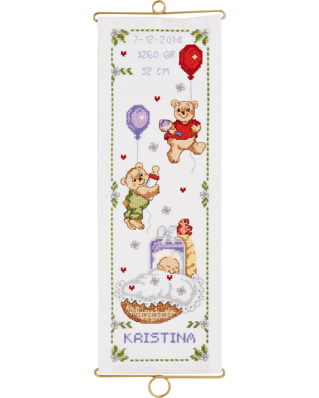 Fødselsbillede med baby, bamser og balloner – Broderikit (14x40 cm)