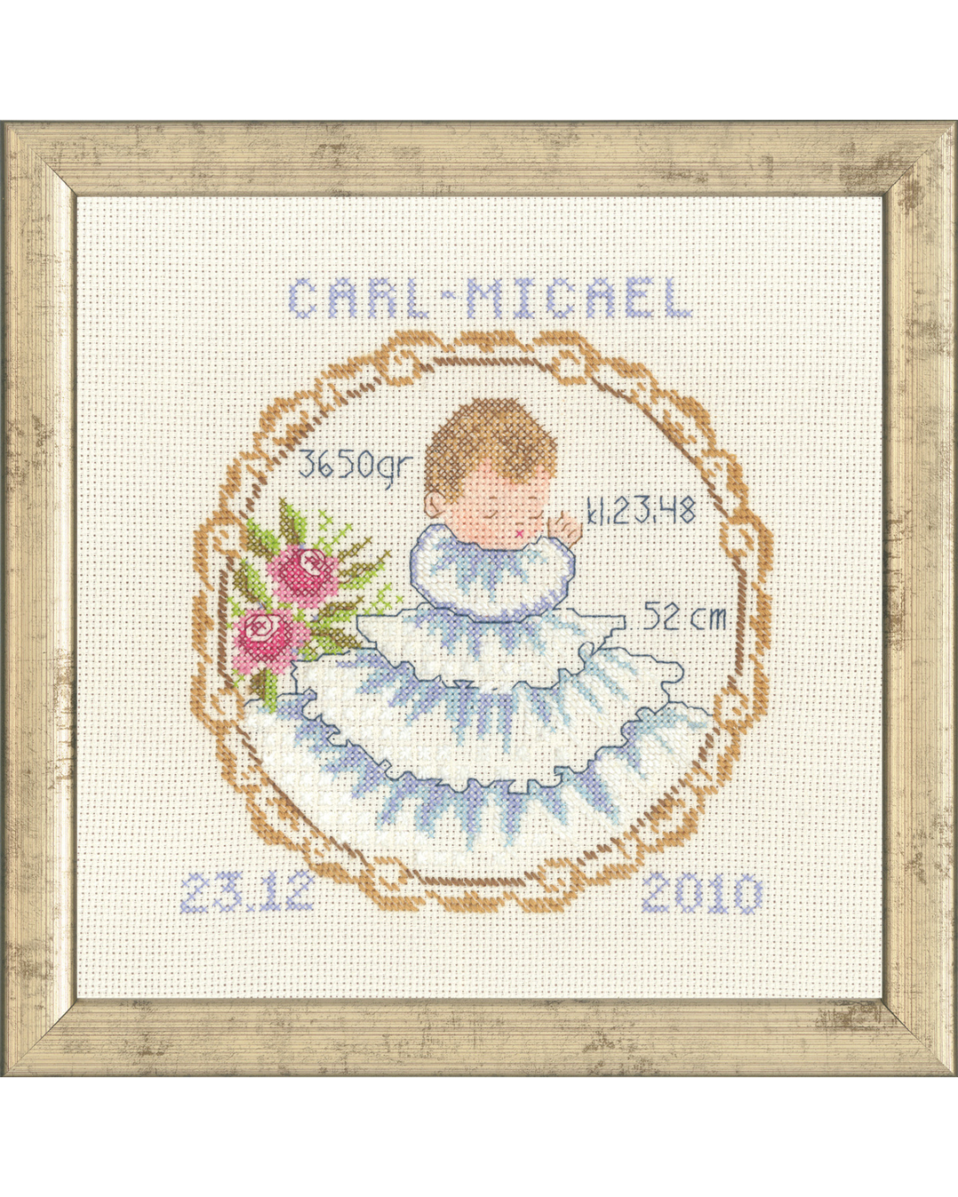 Fødselsbillede med baby – Broderikit (26 x 26 cm)