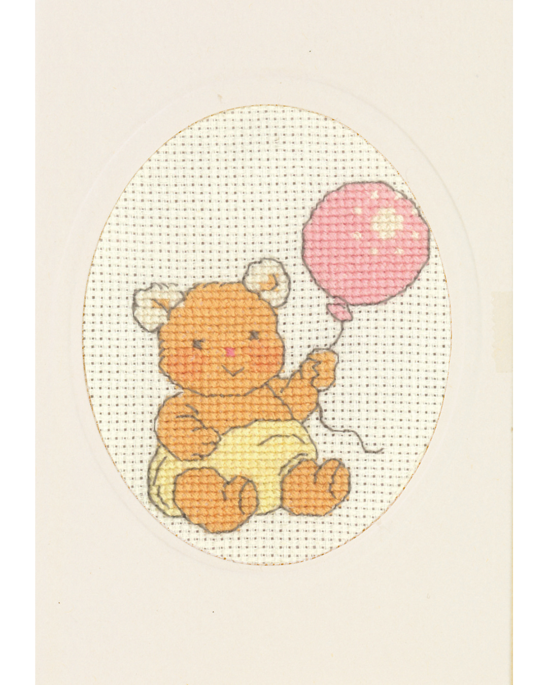 Bamse med lyserød ballon – Broderikit til kort (9×13 cm)