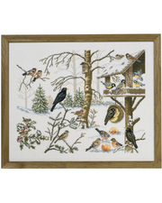 Fugle v. foderbræt – Broderikit (55x45 cm)