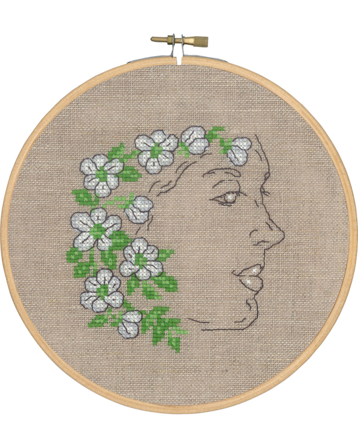 Pige med Blomster i Håret – Broderikit (Ø18 cm)