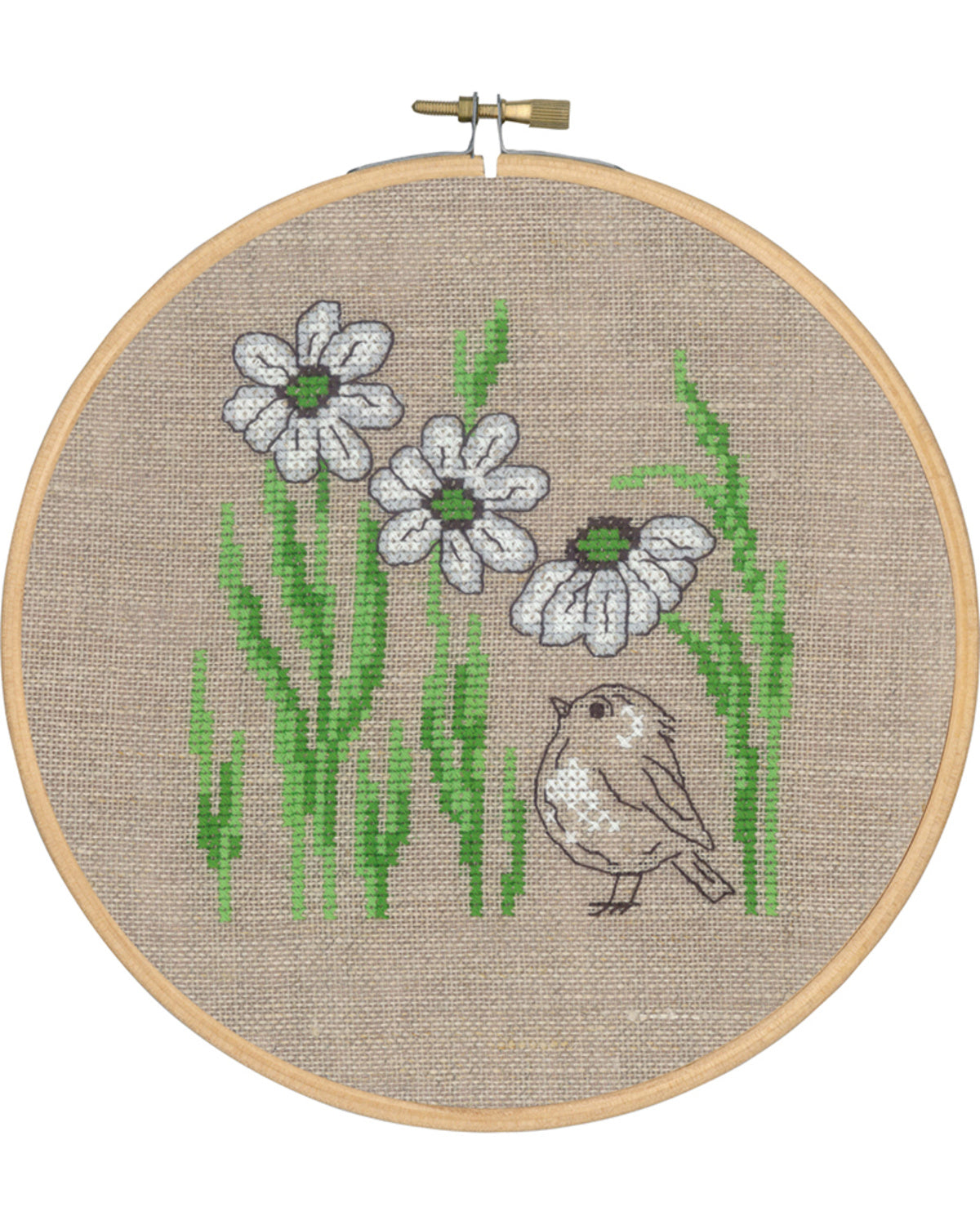 Fugl ved blomster – Broderikit (Ø18 cm)