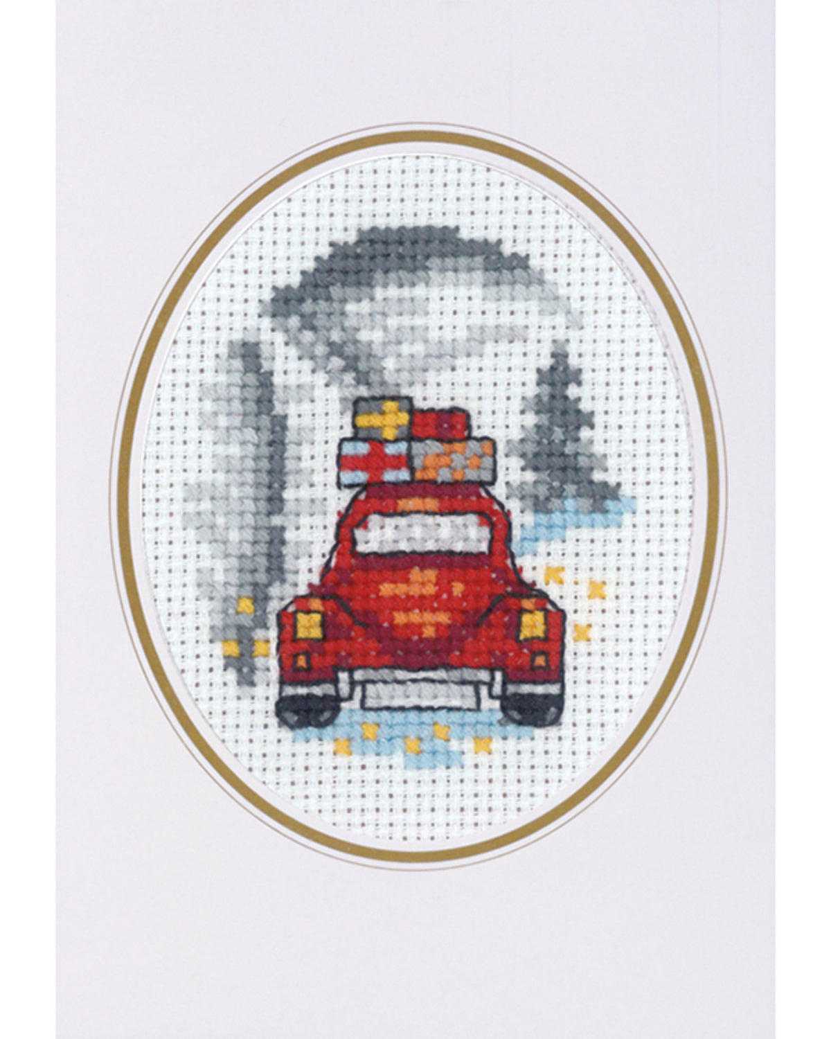 Julekort med Bil & Gaver – Broderikit (9×13 cm)
