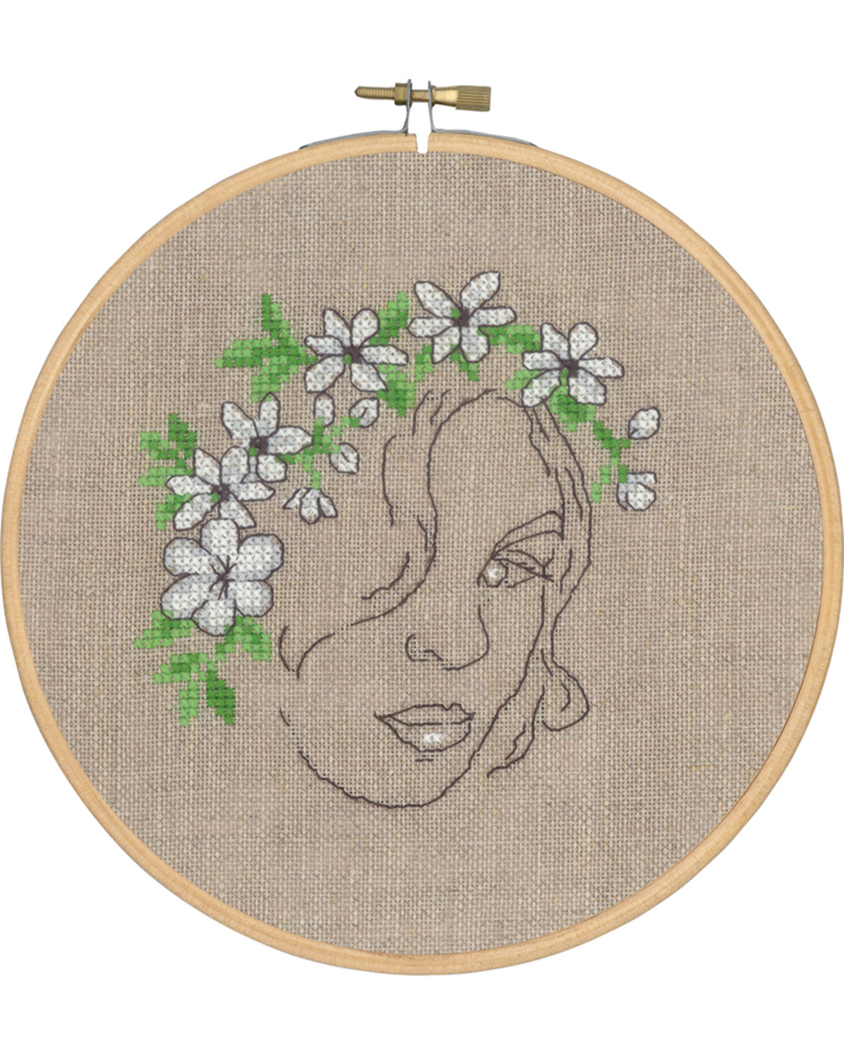 Pige med Blomster i Håret – Broderikit (Ø18 cm)