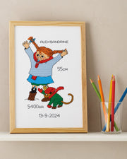 Fødselsbillede med Pippi i sneen – Broderikit (20 x 30 cm)