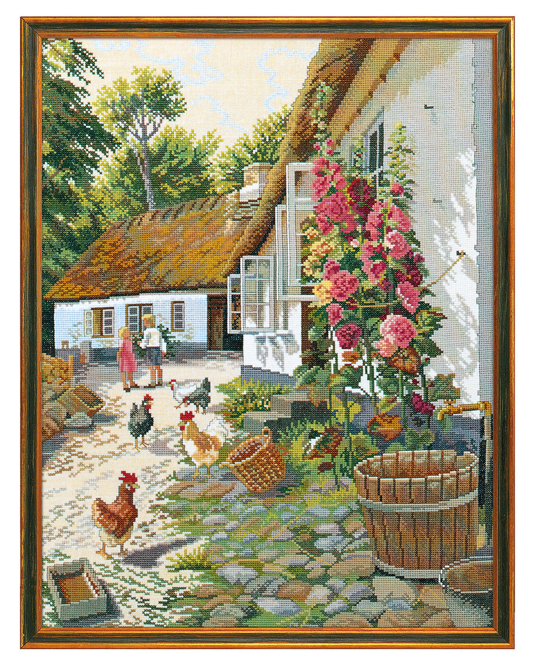 Stokroser på Gårdsplads – Broderikit (48x67 cm)