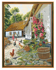 Stokroser på Gårdsplads – Broderikit (48x67 cm)
