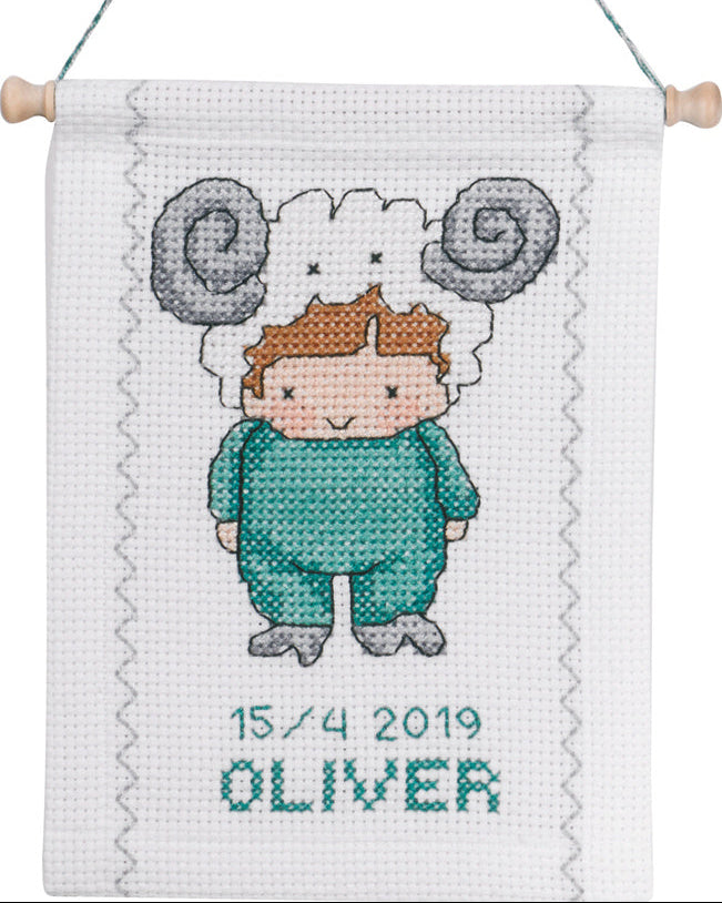 Vædder fødselsbillede – Broderikit (18 x 25 cm)