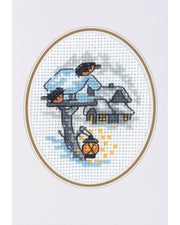Julekort med Fugle på Fuglebræt – Broderikit (9×13 cm)